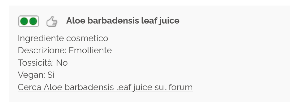 risultato inci con il biodizionario dell'ingrediente aloe barbadensis leaf juice